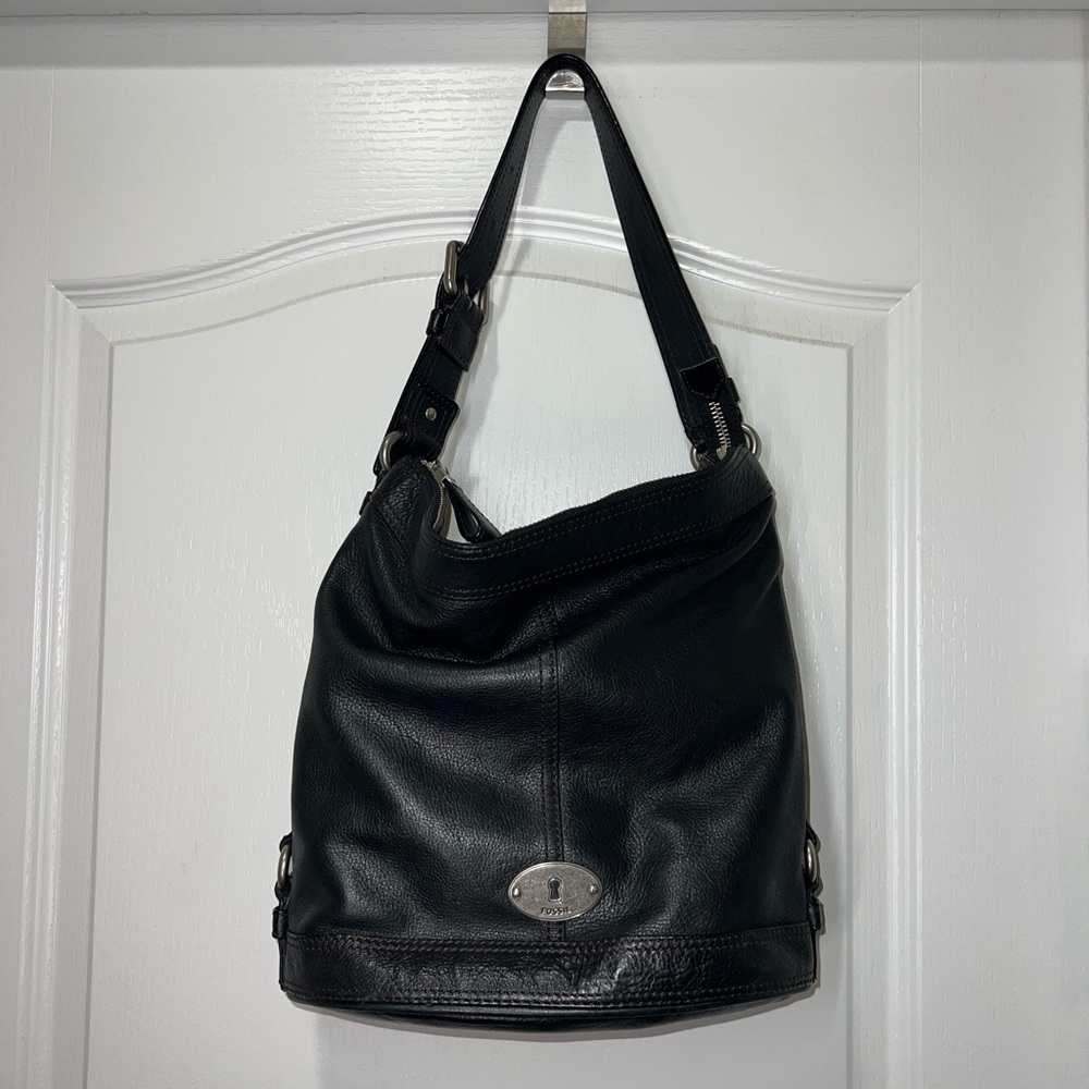 Fossil Black Leather Shoulder Boho Bucket Bag